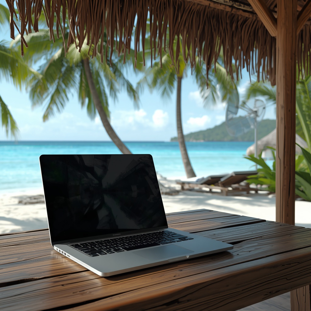 A conceptual visualization of global connectivity and remote work. A minimalist desk with a glowing holographic globe, modern coffee cup, passport, sleek tech accessories, warm sunset lighting, 8k resolution, photorealistic, cinematic lighting, no text, no people, no women